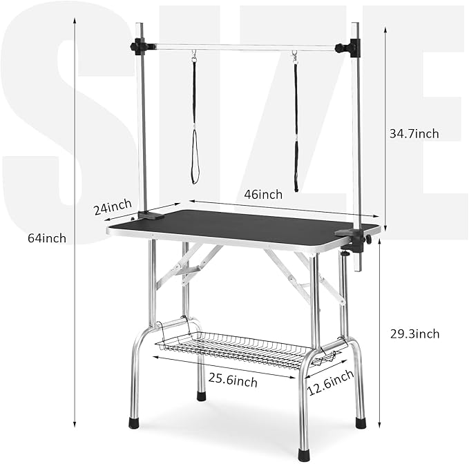 46 Inch Professional Adjustable Pet Grooming Table Heavy Duty with Arm Noose & Mesh Tray for Dog Cat Shower Table Maximum Capacity Up to 265Lb, Black