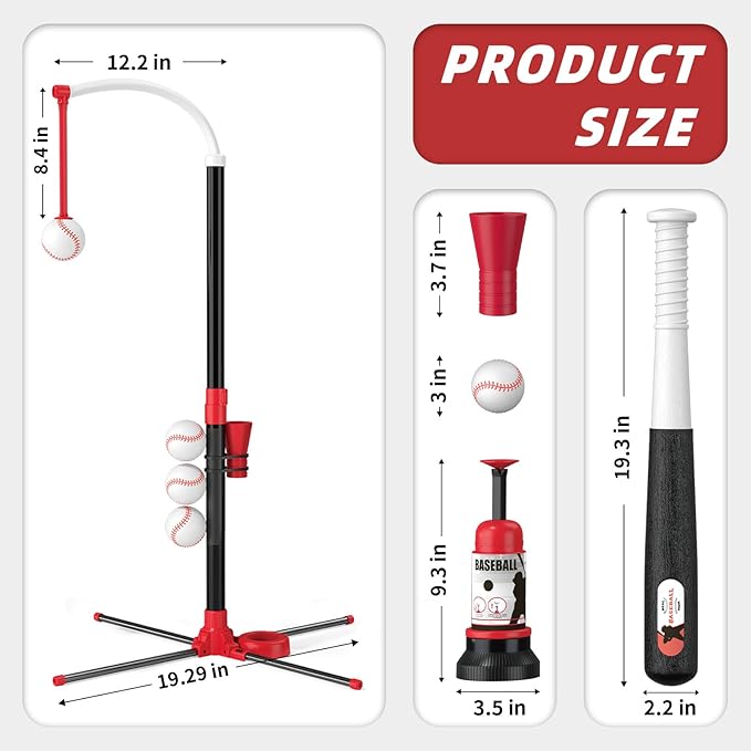 Wee Wonders 3-in-1 T Ball Set - Adjustable Height, Hanging Tee Ball Set with Automatic Pitching Machine/6 Balls/Retractable Bat, TBall Stand Suit for Outdoor, Sport Toys Gifts for Kids Boys Age 3+