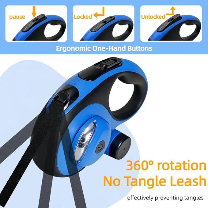 26ft Retractable Dog Leash for Large Dogs with Poop Bag Holder and LED Light,Heavy Duty Retractable Dog Leash with Chew Proof Extender,One-Hand Lock System,Impact-Resistant,Up to 110 lbs (Blue)