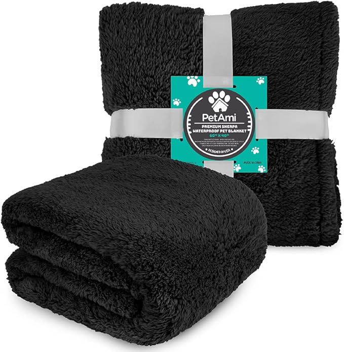 PetAmi Fluffy Waterproof Dog Blanket for Couch and Bed, Reversible Sherpa Pet Throw, Pee Proof Furniture Protector Sofa Cover, Washable Cat Blanket for Medium Large Dogs and Cats (Black, 60x80)