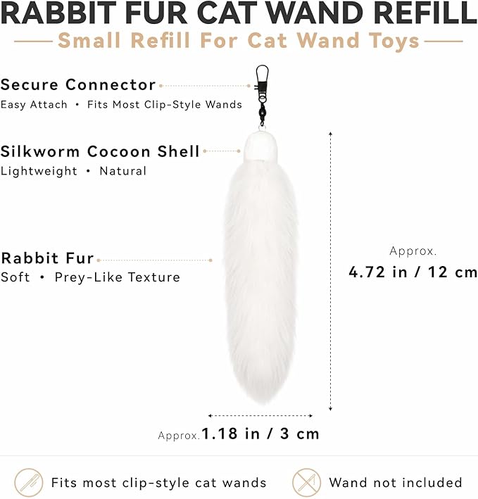 Natural Rabbit Fur Cat Toys Refills, 2 Pcs Silent Interactive Cat Wand Attachments for Indoor Cats, Handmade Fluffy Kitten Teaser Replacement Accessories (White)