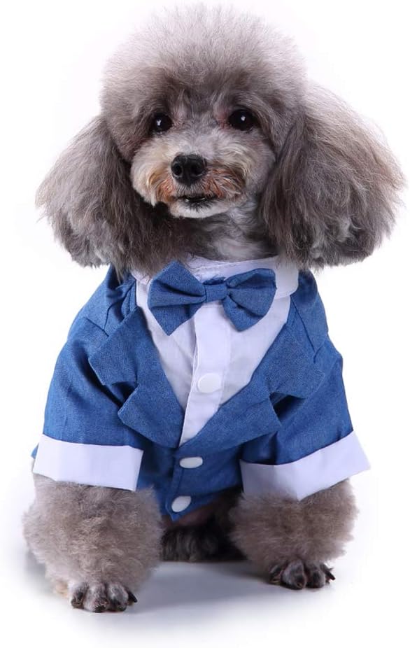 GabeFish Pets Wedding Jackets Suit for Dogs with Bow Tie Puppy Cat Formal Clothes Shirt Tuxedo (Blue, L (Chest 17.3in/44cm)
