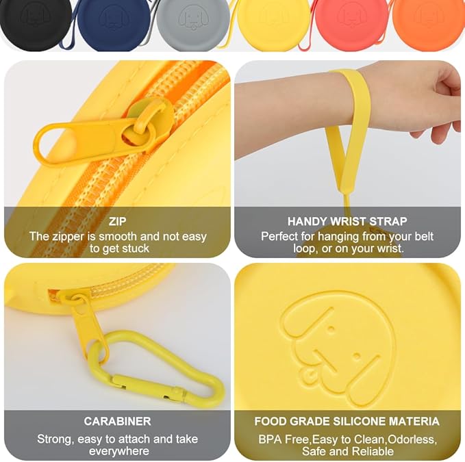 WALLFID Silicone Dog Treat Pouch Small Bag,with Pet Training Clicker,Walking Bag for Dog and Cat,Pocket Size,Easy to Clean,Odorless,Zipper Design,Moisture-Proof,Travel Walking Bag (Yello&Blue, 2PCS)