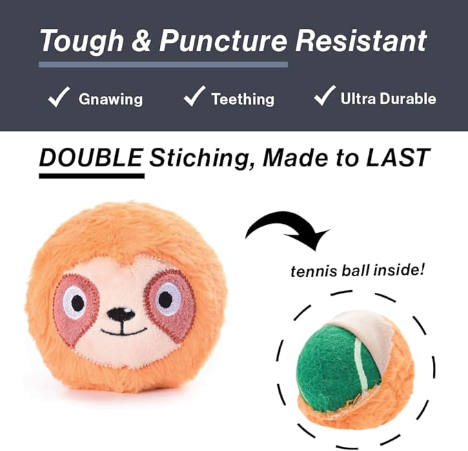 HugSmart Pet Zoo Ball (4-Pack) Plush and Squeaky Tennis Ball for Dog | No Stuffing Tough Interactive Fetch Dog Toys for Small Medium Large Dogs (Fox, Owl, Sloth, Sheep)