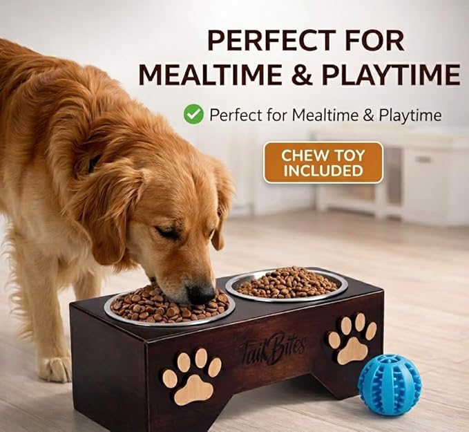 Raised Dog Bowls for Medium Sized Dogs – Wooden Elevated Dog Feeder Stand with 2 Stainless Steel Bowls + Chew Treat (14” x 7” x 6”)