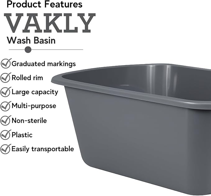 Vakly Wash Basins – Rectangular Plastic Hospital Bedside Soaking Tub (Pack of 4) Small 7 Qt Graduated Bucket - Portable Washbasin for Washing, Cleaning, Foot Bath, Dishes, Face Cleansing Bowl (4)