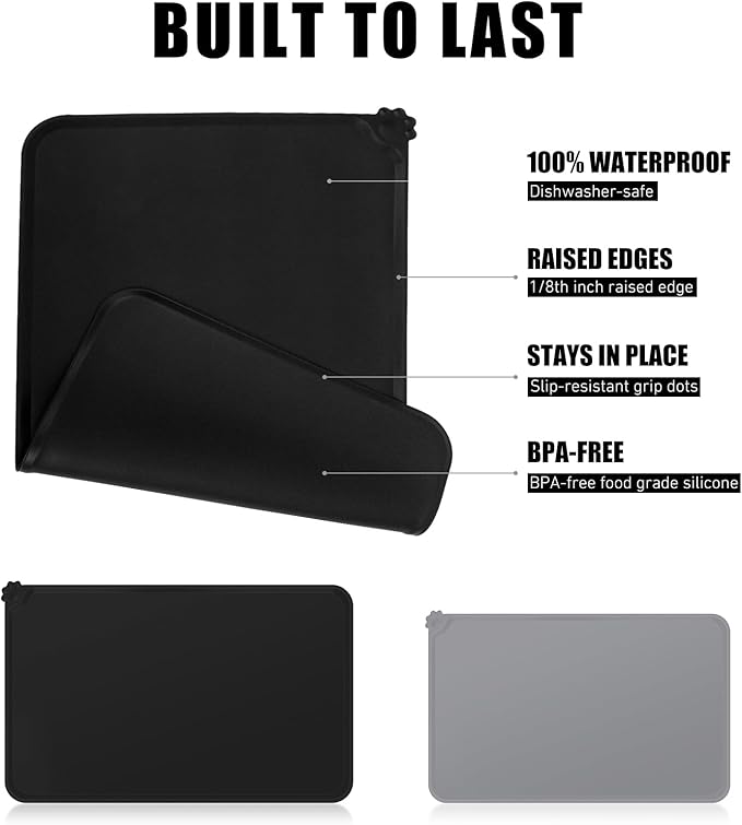 Premium Silicone Dog Food Mat,Dog Bowl mat, Pet Food pad- Anti-Slip Pet Food Mat for Dogs and Cats - Waterproof and Easy to Clean Black-19 * 12IN