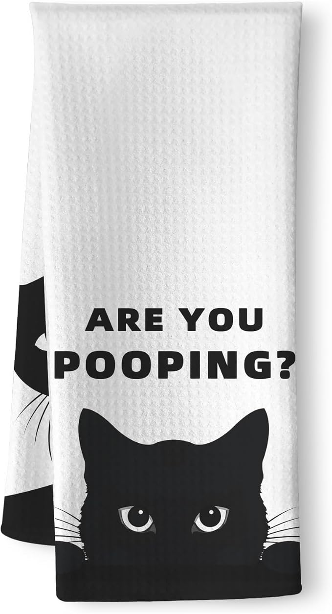 Quick-Drying Humorous Bathroom Hand Towel with Playful Black Cat Design - Quirky 'are You Pooping' Inspired Artwork Decorative Towel for Bathroom, Funny Feline Lover Gifts for Cat Ladies