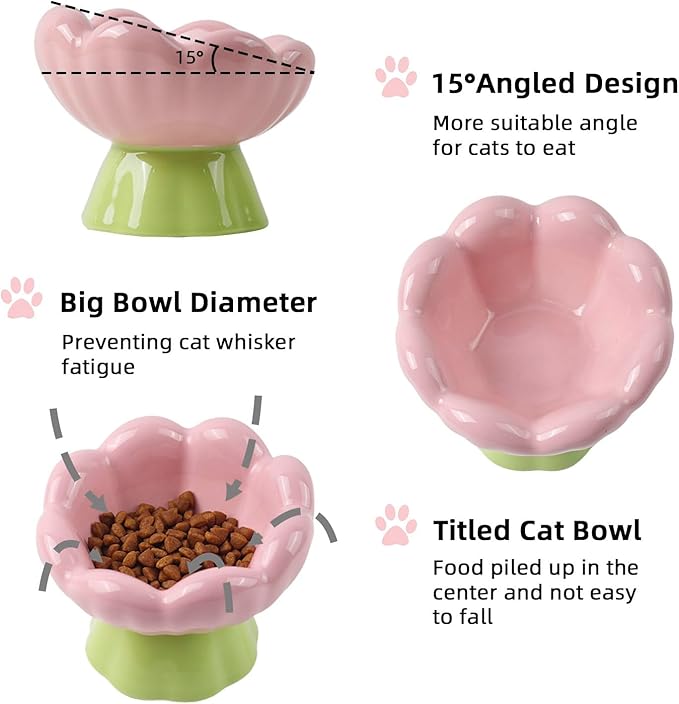 DIF DECO Ceramic Raised Cat Bowl, Pink Elevated Food Bowls for Food and Water Protecting Spine and Whiskelfriendly,Tulip Shape Cute Pet Feeder Dish for Indoor Cats and Small Doas(Height 4.1 inch)