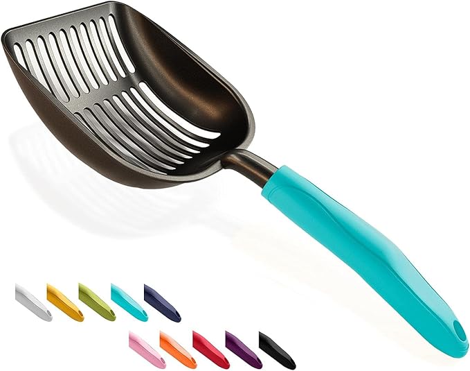 WePet Cat Litter Scoop, Non-Stick Plated Aluminum Alloy Sifter, Kitty Durable Metal Scooper, Deep Shovel, Long Handle, Kitten Pooper Lifter, Size Large, Coated Black Body with Turkish Blue Handle