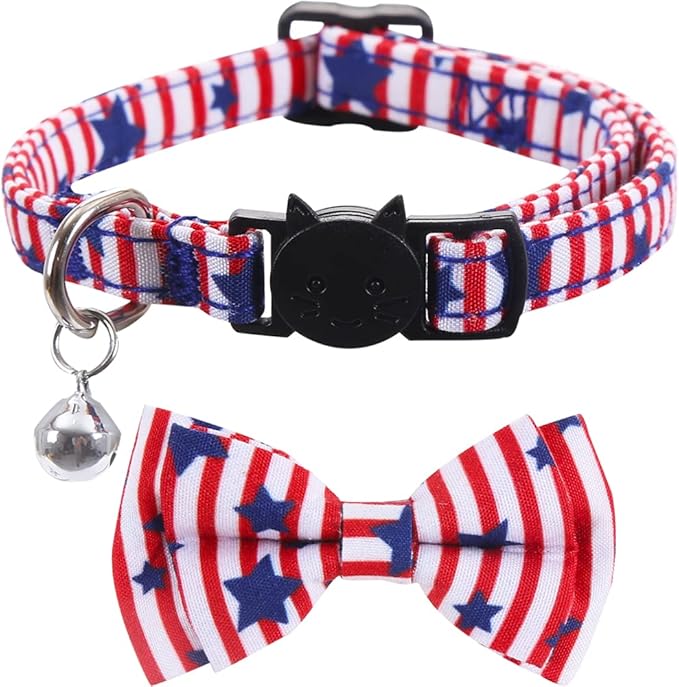 2 Pack American Flag Cat Collar with Bell Bow Tie Star Breakaway Adjustable for 4th of July Independence Day