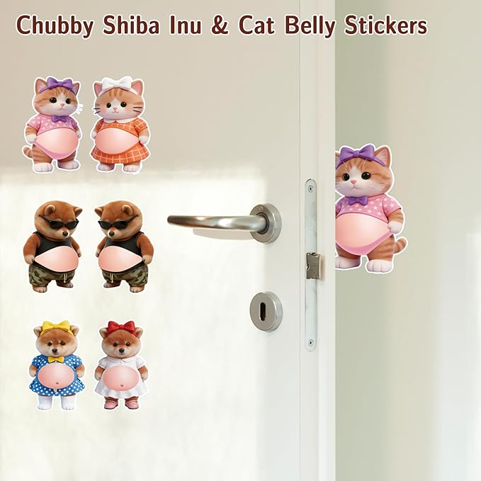 6 Pairs Chubby Shiba Inu & Cat Belly Stickers 3D Silicone Anti-Collision Wall & Door Protectors, Cute Big Bellys Cushioned Protectors for Phones, Cars & Home Decor