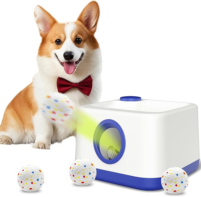 MEKAPLE Automatic Dog Ball Launcher with Barking Function, Auto+Manual Mode Interactive Dog Fetch Toy with 4 Adjustable Distances, Dog Balls Thrower for Small & Medium Dogs, with 4 Durable ETPU Balls