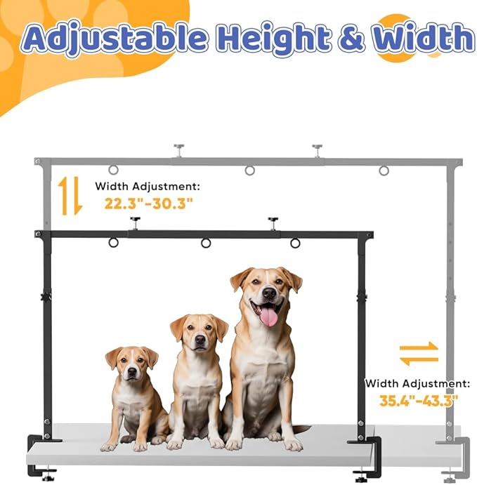 Dog Grooming Arm with Clamp for Large Dog, Adjustable Height to 33in and Width to 43in, Pet Grooming Table Arm with 2 Loop Noose & 2 No Sit Haunch Holder for Home & Store (Table Not Include)