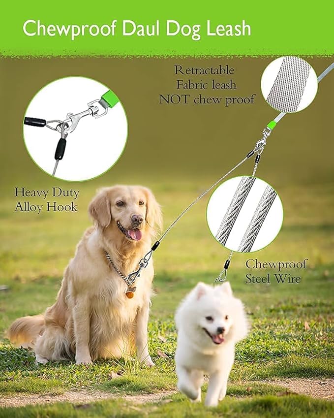 26FT Heavy Duty Retractable Dog Leash with 2 Chew Proof Wire Ropes, 360° Tangle-Free Double Dog leashes with Anti-Slip Handle for Small/Medium/Large Dogs