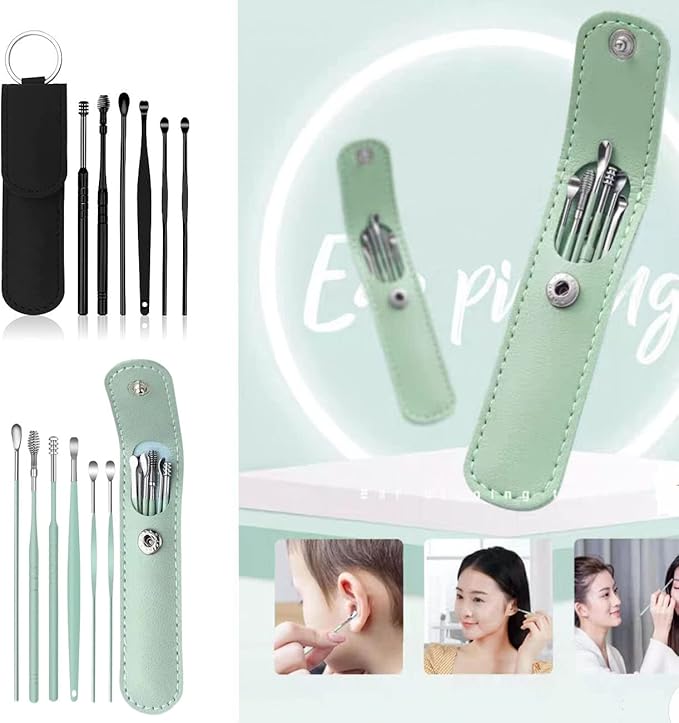 12 Pcs Ear Pick Earwax Removal Kit, Ear Cleaning Tool, Stainless Steel Earwax Removal Tool with Leather Storage Box (Black&Green)