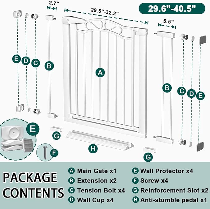 Fairy Baby 29.5"-40.5" Extra Wide Baby Gate, Metal Child Safety Gate for Kids Or Pets, Long Dog Gates Indoor No Drill for House Doorway, Pressure Mounted Easy Walk Through Pet Gate with Door, White