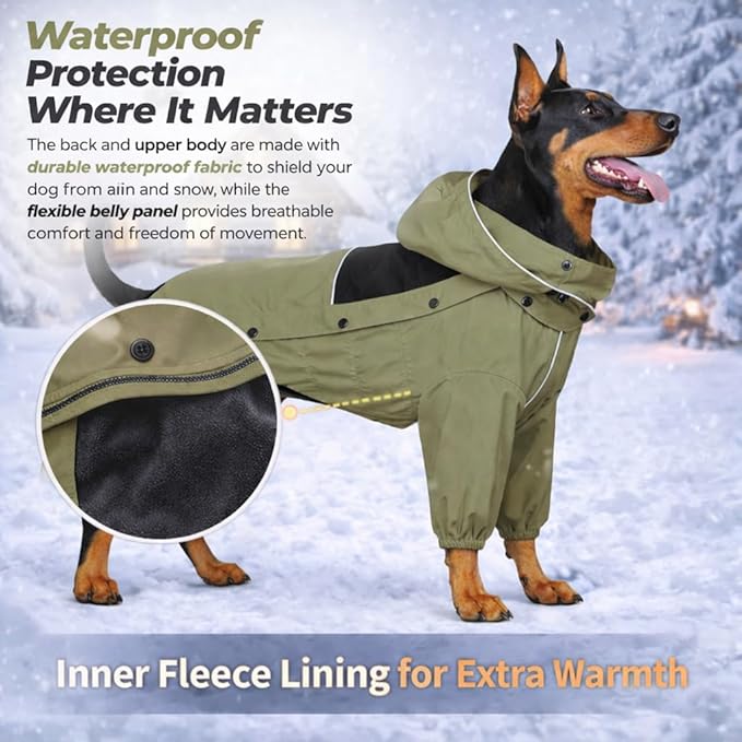 LOVELONGLONG Fleece-Lined Dog Raincoat with Removable Hood – Waterproof Winter Full Body Dog Jacket – Windproof Snowproof Cold-Weather Suit – Green-F XS