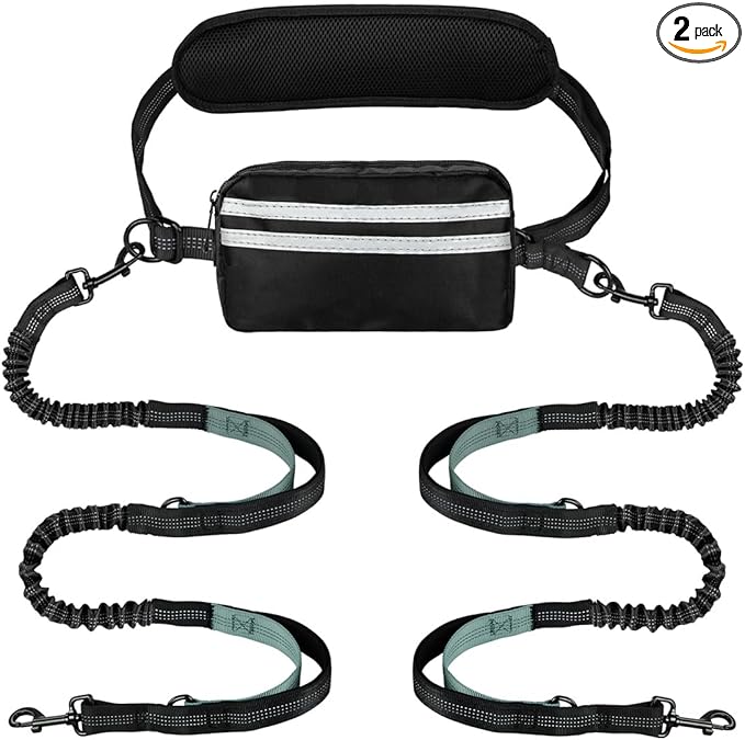 Hands Free Dog Leash 2 Dogs, Multifunctional Double Waist Leash forTwo Dogs Walking, Runing, with Waist Belt,Zipper Pouch and Shock Absoring Bungee (Grey-Green Midum Size, 2 Leashes)