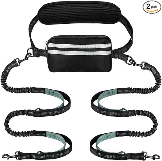 Hands Free Dog Leash 2 Dogs, Multifunctional Double Waist Leash forTwo Dogs Walking, Runing, with Waist Belt,Zipper Pouch and Shock Absoring Bungee (Grey-Green Midum Size, 2 Leashes)