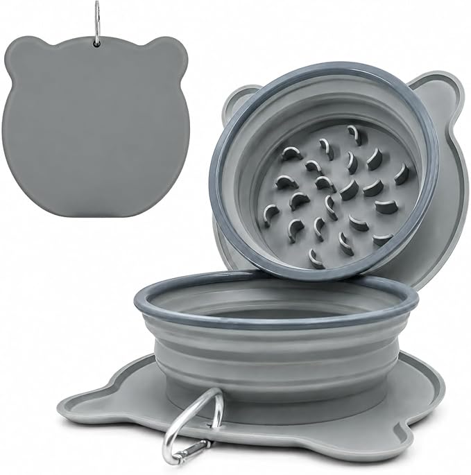 Collapsible Dog Bowls, 2-in-1 Silicone Pet Food and Water Bowl with Carabiner - Portable Double Compartment Travel Dish for Dogs, Ideal for Camping, Hiking, Car Rides, Puppy Essentials (Gray)