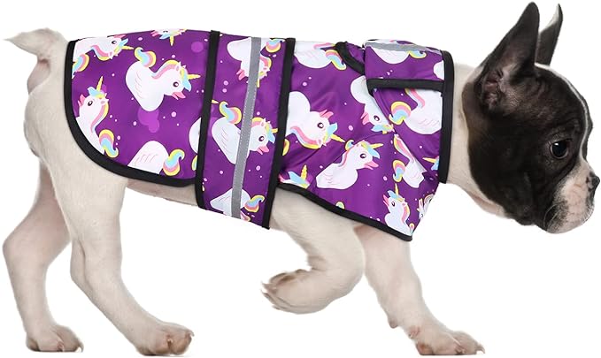 HDE Dog Raincoat Jacket Reflective Adjustable Hooded Pet Poncho Rain Coat with Leash Hole for Small to X-Large Dogs Purple Unicorn Ducks - S