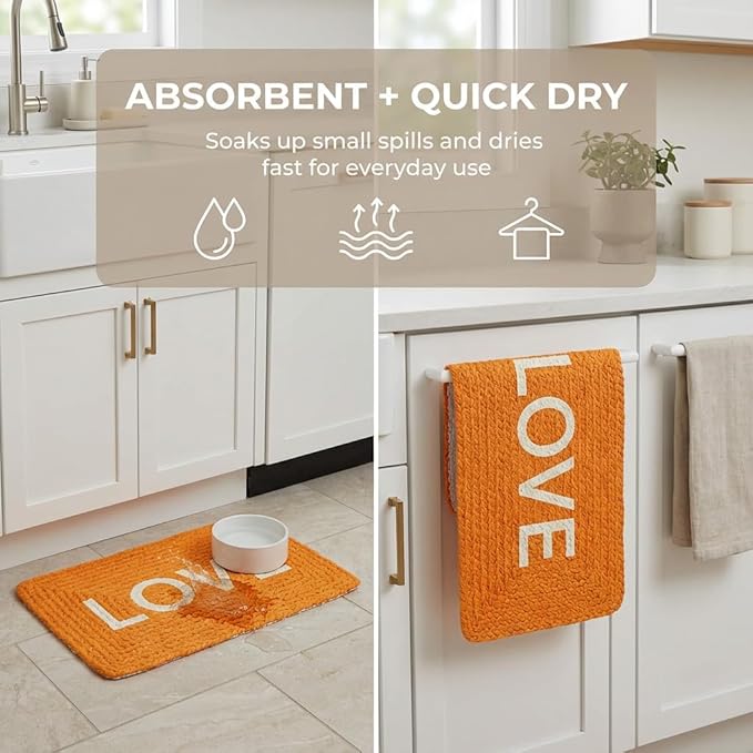 Super Area Rugs Decorative Dog Feeding Mat - 15" x 23" Natural Cotton Pet Bowl Rug, Hand-Woven Water-Absorbent Placemat for Dogs & Puppies (Love/Coral)