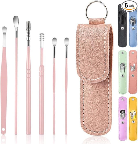 6 Pcs Ear Pick Earwax Removal Kit, Ear Cleansing Tool Set, Ear Curette Cleaner, 360° Spiral Design Ear Canal Cleaner Stainless Steel, with a Storage Box Portable Kit for Home and Travel(Pink)