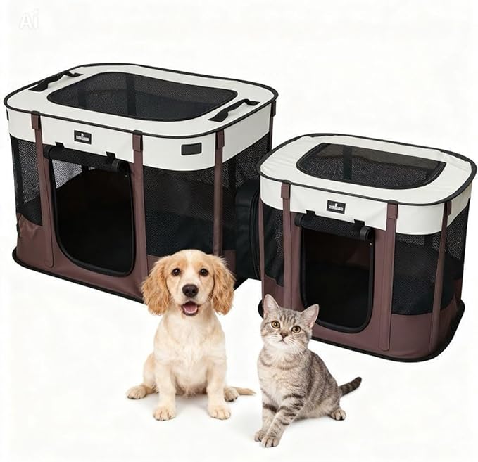 Paw Ballet 2-in-1 Foldable Pet Playpen, Portable Dog Cat Kennel Tent with Waterproof Shade Cover, Indoor Outdoor Use, with Carrying Case
