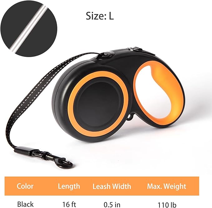 Retractable Dog Leash, Heavy Duty Reflective Nylon Tape Lead 16 ft Long, up to 110lbs, One-Handed Brake, Lock, Automatic Telescopic Dog Tape, Non-Slip Handle (Black, Large)