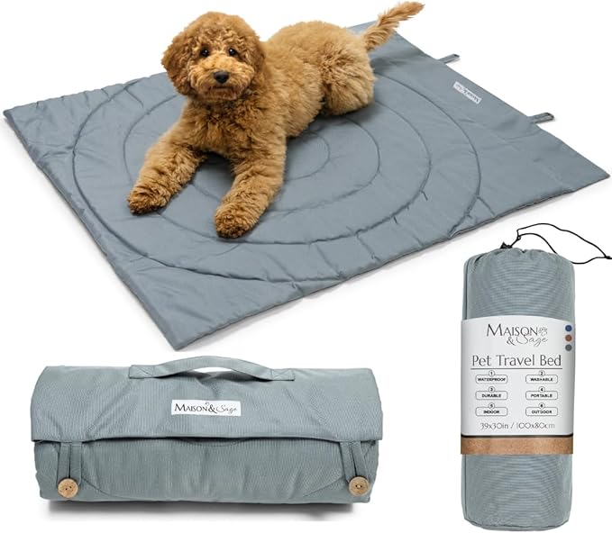 Dog Travel Mat - Portable Waterproof Foldable Dog Bed for Home, Car, Crate & Outdoor - Washable Roll Up Pet Mat for Medium & Large Dogs (39"x30") - Includes Carry Bag