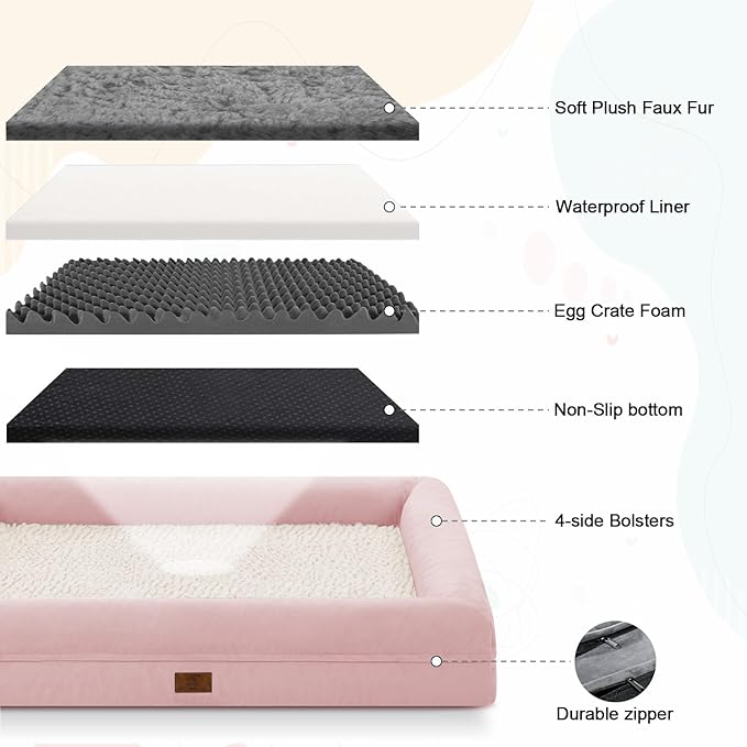 Large Orthopedic Dog Bed, Waterproof Dog Bed with Removable Cover, 4-Sides Removable Bolster Soft Pet Sofa with Egg Crate Foam Non-Slip Bottom, Pink