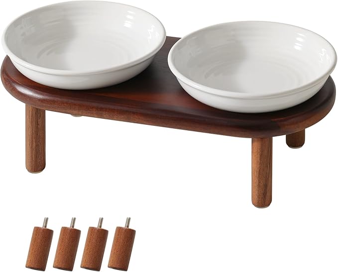 Havniva Elevated Cat Bowls Raised Ceramic Cat Bowl, 5.9” Wide Opening Cat Food Bowl Whisker Friendly Cat Dish Anti-Slip with Wood Stand, Shallow Pet Food & Water Bowl for Indoor Cats