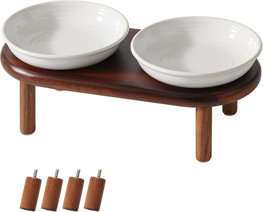 Havniva Elevated Cat Bowls Raised Ceramic Cat Bowl, 5.9” Wide Opening Cat Food Bowl Whisker Friendly Cat Dish Anti-Slip with Wood Stand, Shallow Pet Food & Water Bowl for Indoor Cats