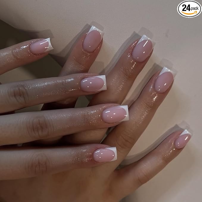yefiuo Press on Nails Short Square White French Fake Nails Press ons Glossy Acrylic False Nails Glue on Nails Reusable Nail Tips Kit Full Cover Stick on Nails Manicure Supplies for Women Girls 24Pcs