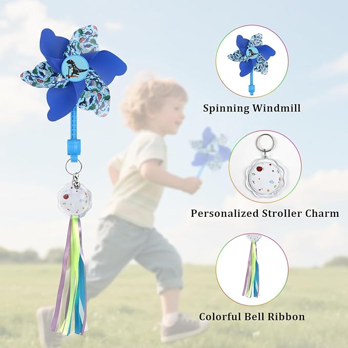 Rotating Pinwheel Stroller Identifier, Stroller Identifier Sign Flag, Stroller Finder Hanger with Rainbow Pinwheel and Ribbon, Quick Search Your Stroller in Theme Park Airport Mall (Blue)