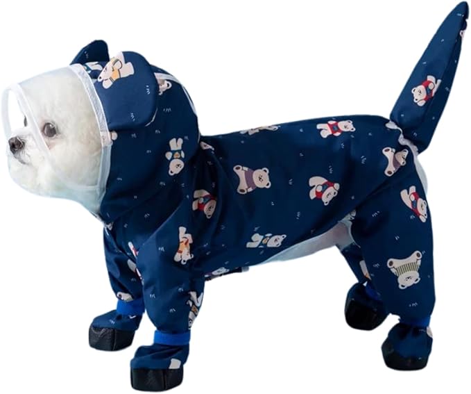 Small Dog Raincoat, Tail Protect Feet Cover Waterproof Dog Rain Jacket Dog Rain Coat for Puppy Small Dogs (Navy Bear,XS)