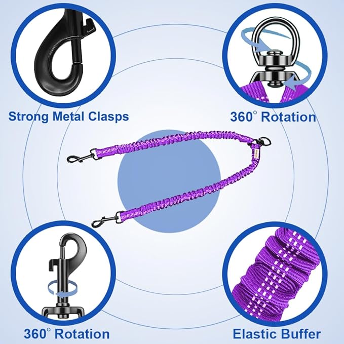 MingXpets Double Dog Leash, Dual Dog Leash, 360° Swivel Tangle Free Bungee Walking Training for Large Medium Dogs, Shock Absorbing Bungee Reflective for Two Dogs, 18~120 lbs, Purple