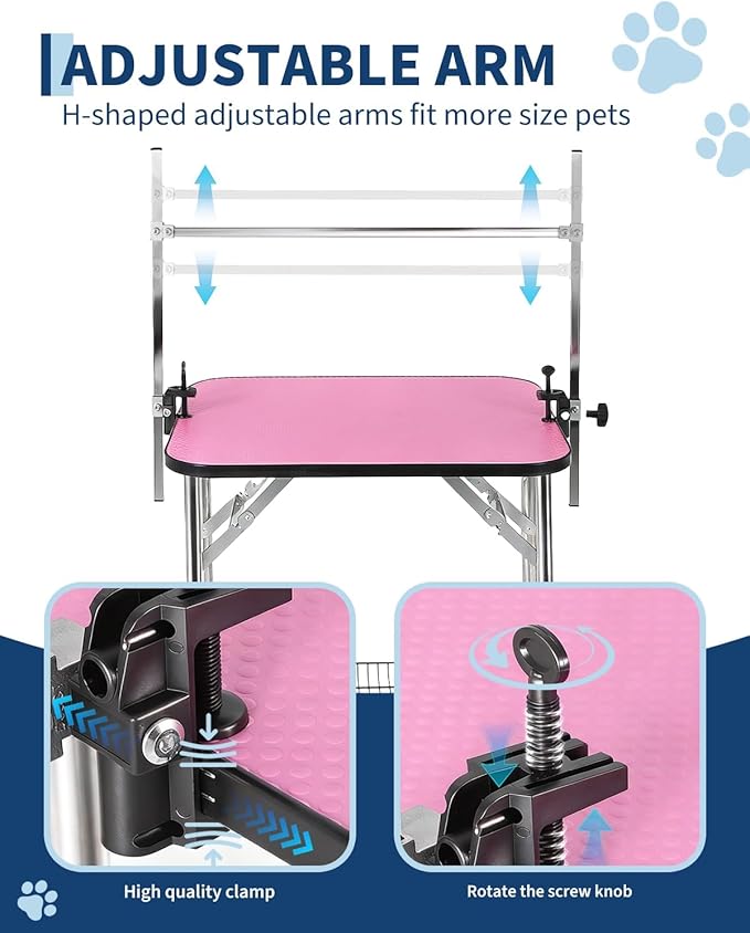 36 Inch Dog Grooming Table, Foldable Pet Grooming Station, Portable Dog Grooming Table with Adjustable Arm & Safety Noose, Non-Slip Surface, Mesh Storage Tray, 330 Lb Capacity for Dogs & Cats