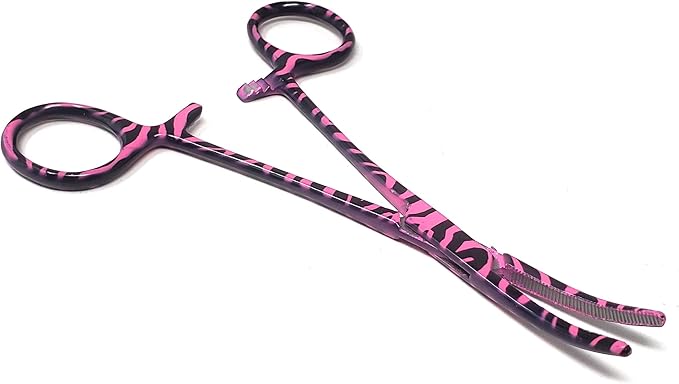 Dog Pet Ear/Nose Hair Puller Grooming Hemostat Locking Forceps Curved Pliers, 5.5" (14cm) Full Serrated Clamps Stainless Steel (Pink Candy Swirls)