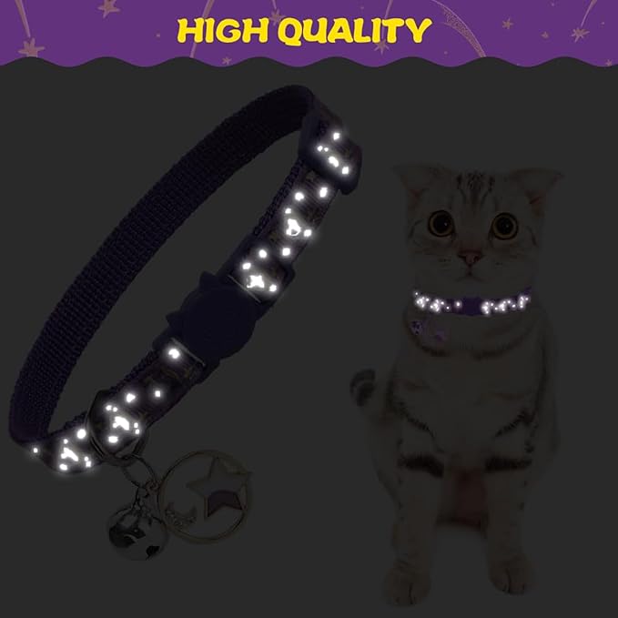 PUPTECK Cat Collar Breakaway with Bells, Kitten Collar Outfit Adjustable for Girl Boy Small Pet Puppy Bunny, Cute Costume Accessory with Safety Release Buckle (Star&Moon)