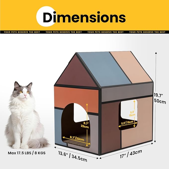 Cardboard Cat House with Scratch Pad & Catnip, Cat Play Scratching House for Indoor Hideaway Furniture, Heavy Duty Sturdy Cardboard Scratcher, Easy to Assemble Birthday Gift, Large