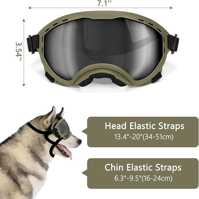 Dog Goggles for Medium to Large Breeds, UV Protection Dog Sunglasses with PC Lens, Soft TPU Frame and Adjustable Straps, Windproof Dustproof Anti-Fog Pet Eyewear for Outdoor Activities (Green Frame)