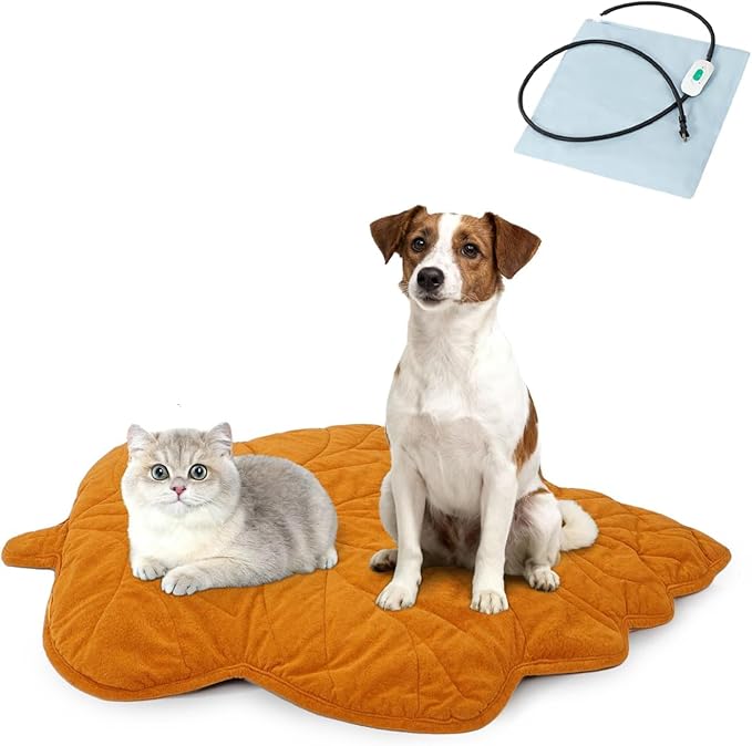 Vagascape Dog Bed, Waterproof Pet Bed with Removable Cover, Comfort Cat Dog Pad for All Seasons, Heating Yellow Maple-Leaf Shape Cat Mat with Nonskid Bottom(47"x36")