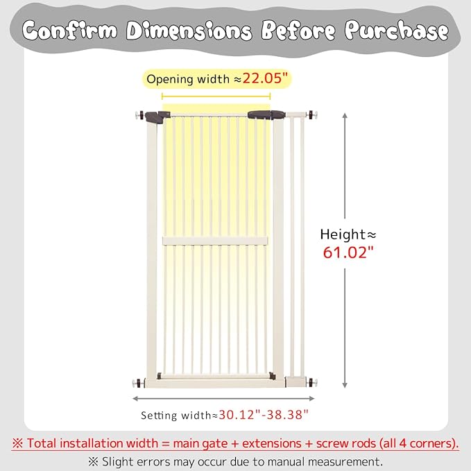 Lumizone Extra Tall Cat Gate 61.02" High Pressure Mounted Extra Wide 30.12"-38.38" (17Sizes) 1.37" Gap No Drilling Auto-Close Tall Pet Gate for Dogs (Cream, 30.12"-38.38" W)