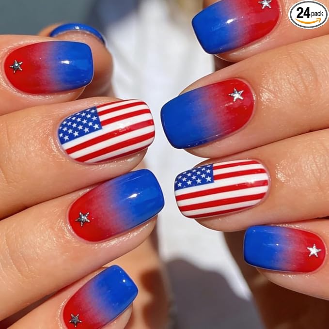 yefiuo 4th of July Press on Nails Short Square Ombre French Fake Nails Press ons Flag Acrylic False Nails Glue on Nails Reusable Nail Tips Kit Full Cover Stick on Nail Supplies for Women Girls 24Pcs