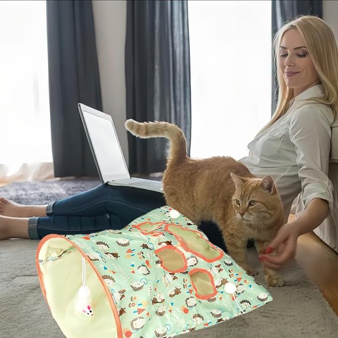 Cat Tunnel Toy, Cat Tunnel Bags with 1 Little Mouse & 3 Ball Crinkle Sack Bag for Cats, Portable Training Cave Collapsible Interactive Cat Drill Bag Pet Toy, Cat Self Interactive Toys(Green)