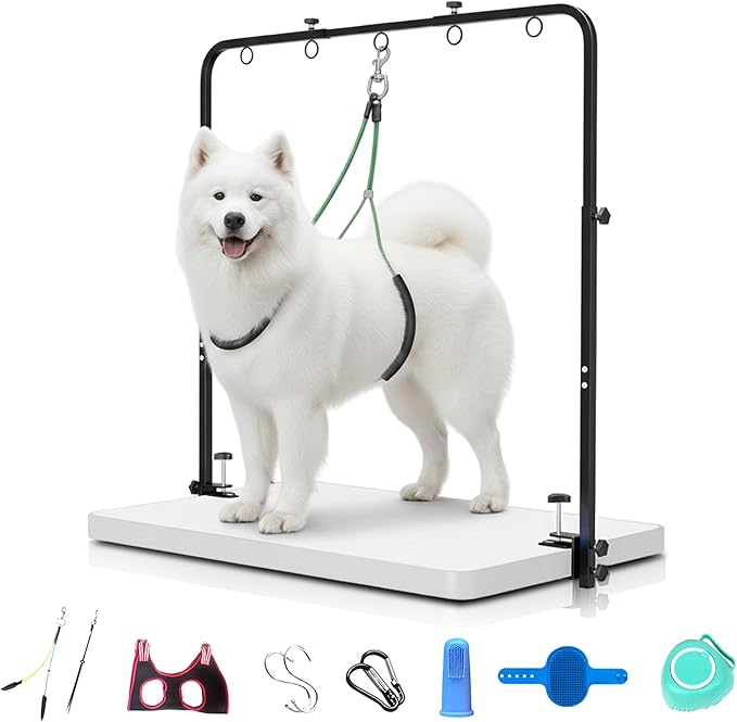Dog Grooming Arm with Hammock – 42" Adjustable Dog Grooming Stand with Clamp for Table, Foldable Stainless Steel Grooming Arm with Dual Nooses, Ideal for Small and Large Dogs (Table Not Included)