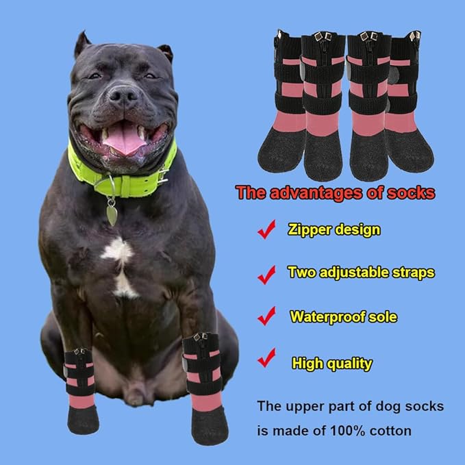 VALFRID Waterproof Grip Dog Shoes,Anti-Slip Dog Socks Boots,Zipper Dogs Booties Paw Protectors for Hardwood Floor,Indoor and Outdoor for Small Medium Large Dogs Pink