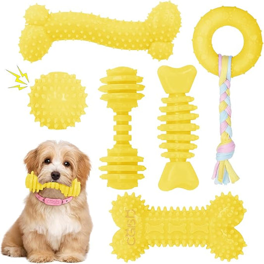 Puppy Toys, 6 Pack Dog Chew Toys for Puppy, Cute Yellow Small Dog Toys, Teething Toys for Puppies, Soft Durable Interactive Chew Toy for Small Dogs